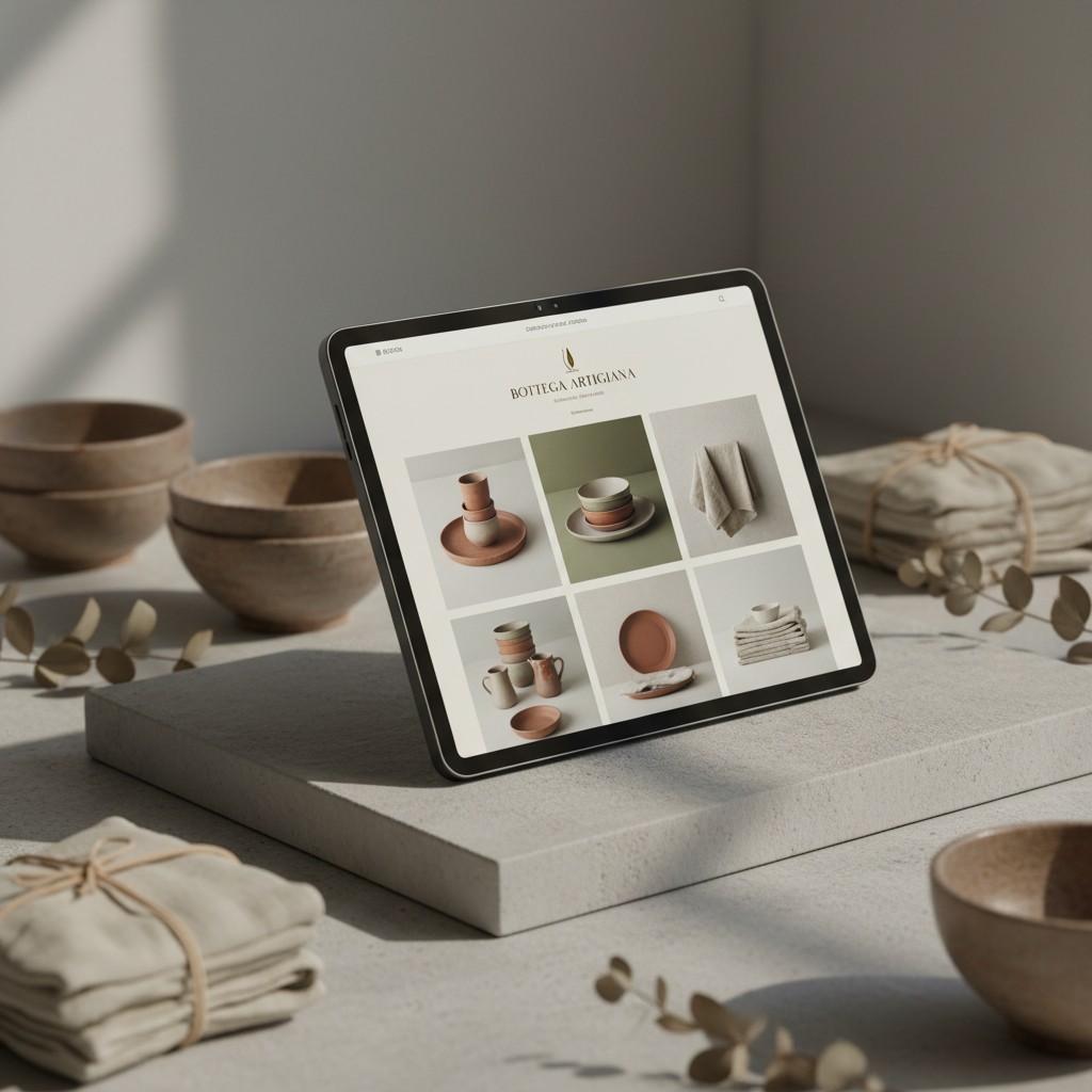 Sito commerciale per prodotti ceramici con configurazione tablet per dispositivi mobili. Testa con scodelle, piatti e serv...